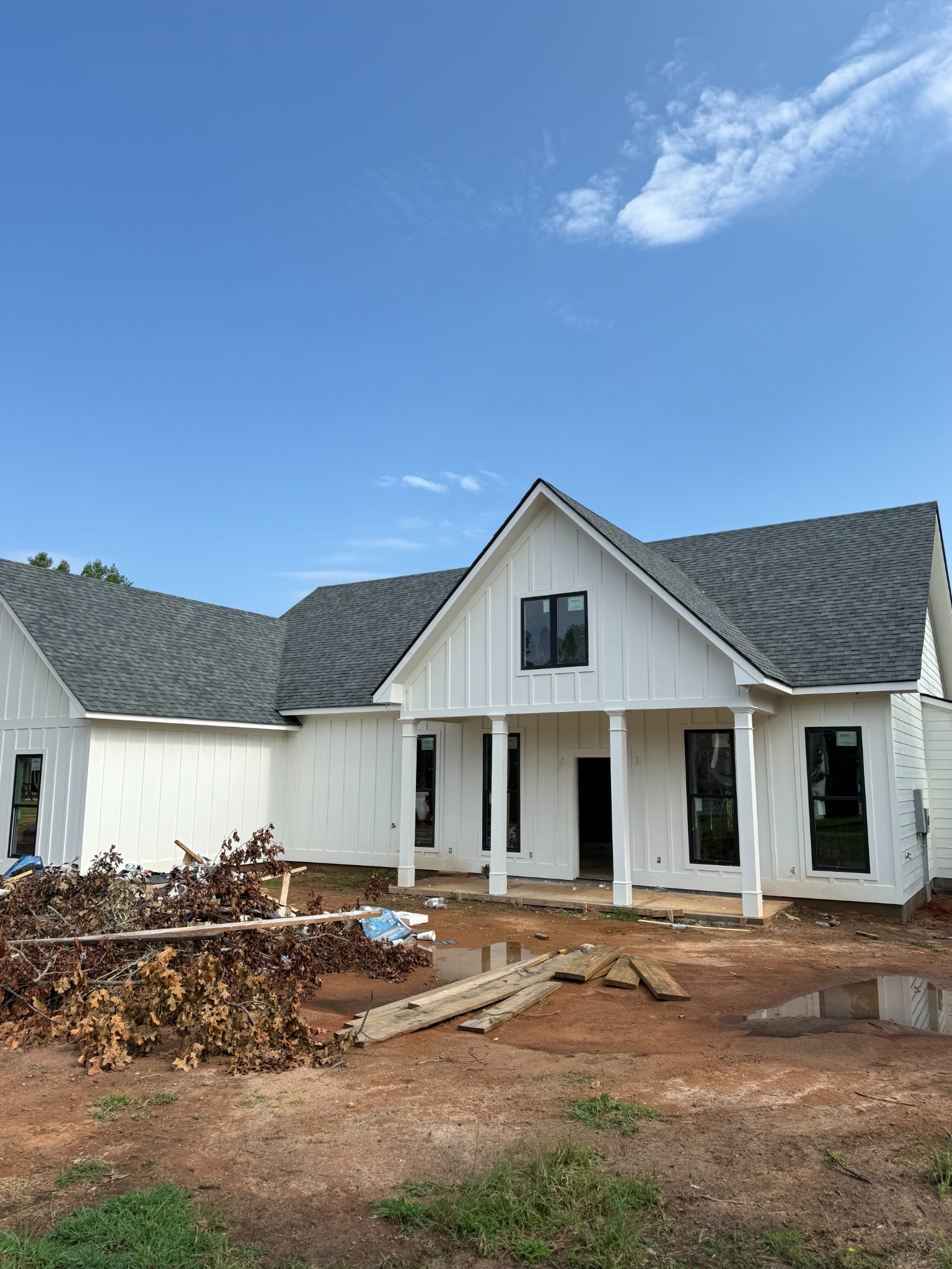 Finished dark shingle roof on a white home